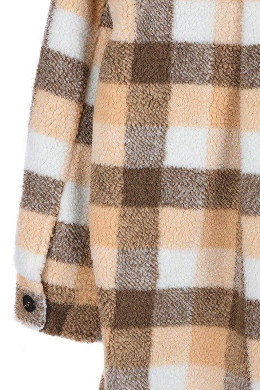 Brown Orange Plaid Check Sherpa Jacket with Pockets