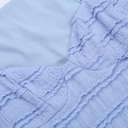 V-Neck Knit Mini Dress - Blue Textured Long Sleeve - Fashions Envy