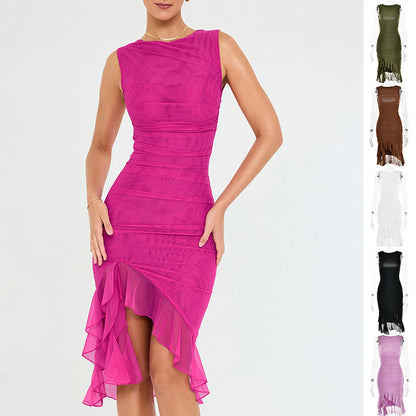 High-Neck Ruffle Hem solid Color Midi Dress