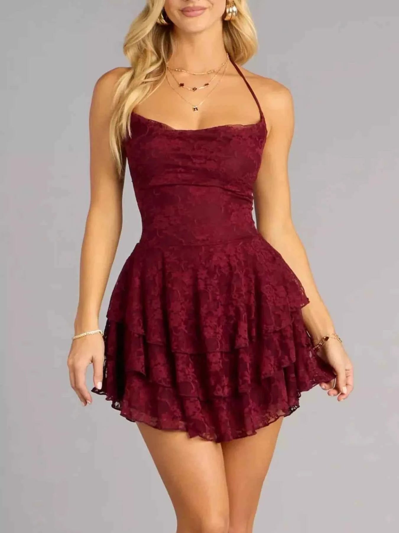 Lace Ruffle Halter Neck Mini Dress