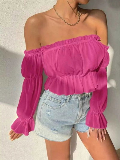 Off-Shoulder Ruffle Trim Sheer Cropped Blouse