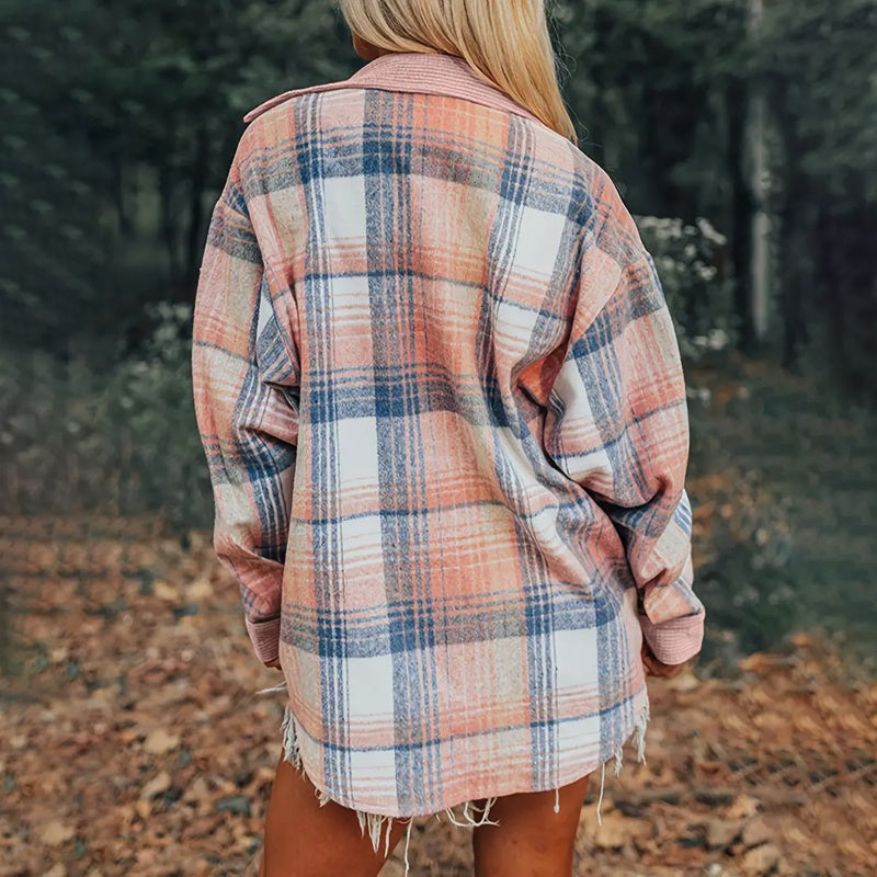 Women's Check Print Button Shirt - Notch Lapel Blouse - Fashions Envy