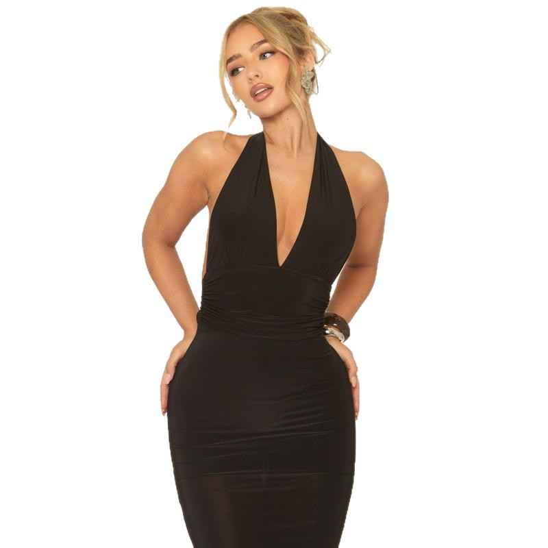 Womens Solid-Colored Sleeveless Backless Halter Dress