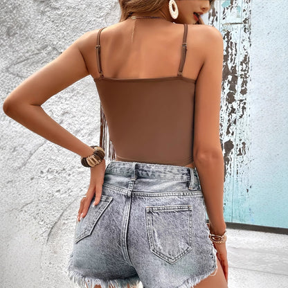 Tight V-neck Solid Color Tassel Camisole Top