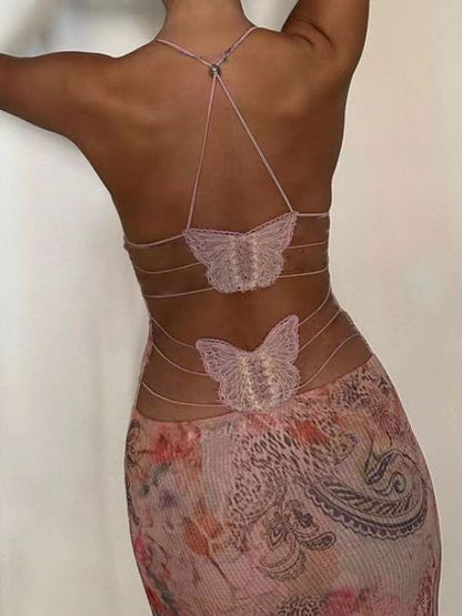 Floral Halter Dress - Spaghetti Strap Butterfly Back Summer