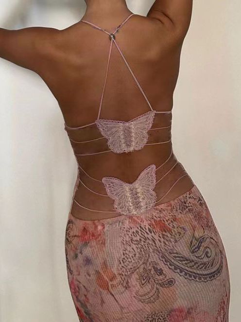 Floral Halter Dress - Spaghetti Strap Butterfly Back Summer