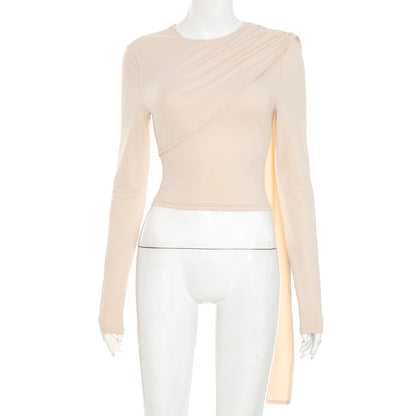 Shoulder Shawl Crop Top - Apricot Long Sleeve Pullover