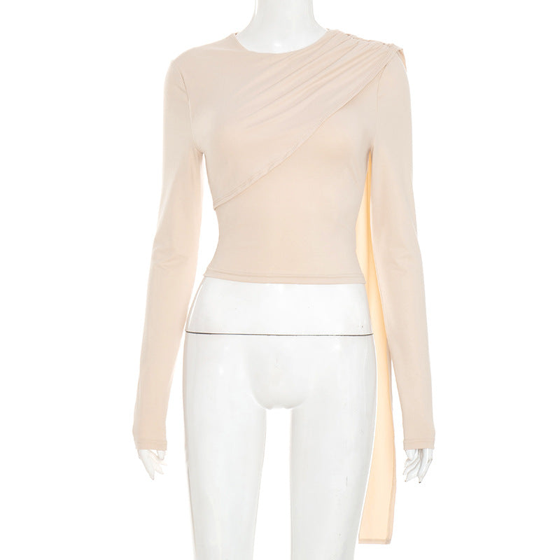 Shoulder Shawl Crop Top - Apricot Long Sleeve Pullover