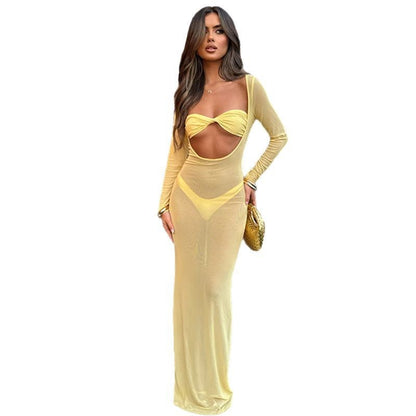 See-Through Bandeau Dress - Slim-Fit Long Sleeve Outfit
