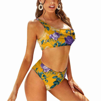 Floral Bikini Set - Yellow One Shoulder High Waist