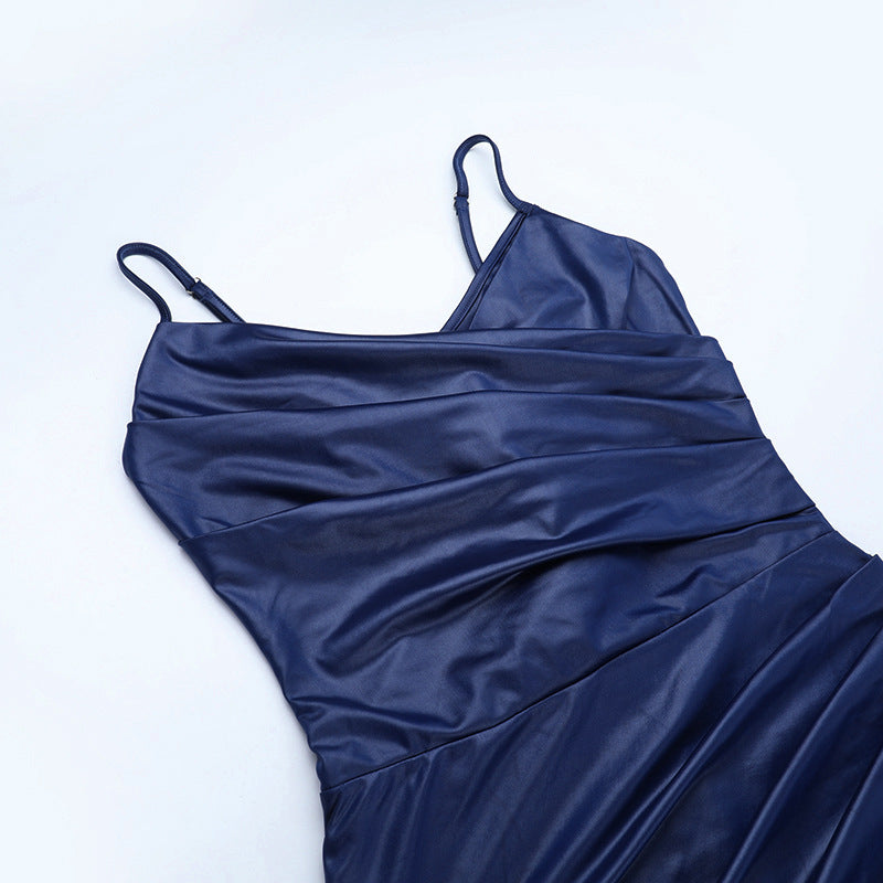 Navy Blue Maxi Dress - One Shoulder Split Hip Gown