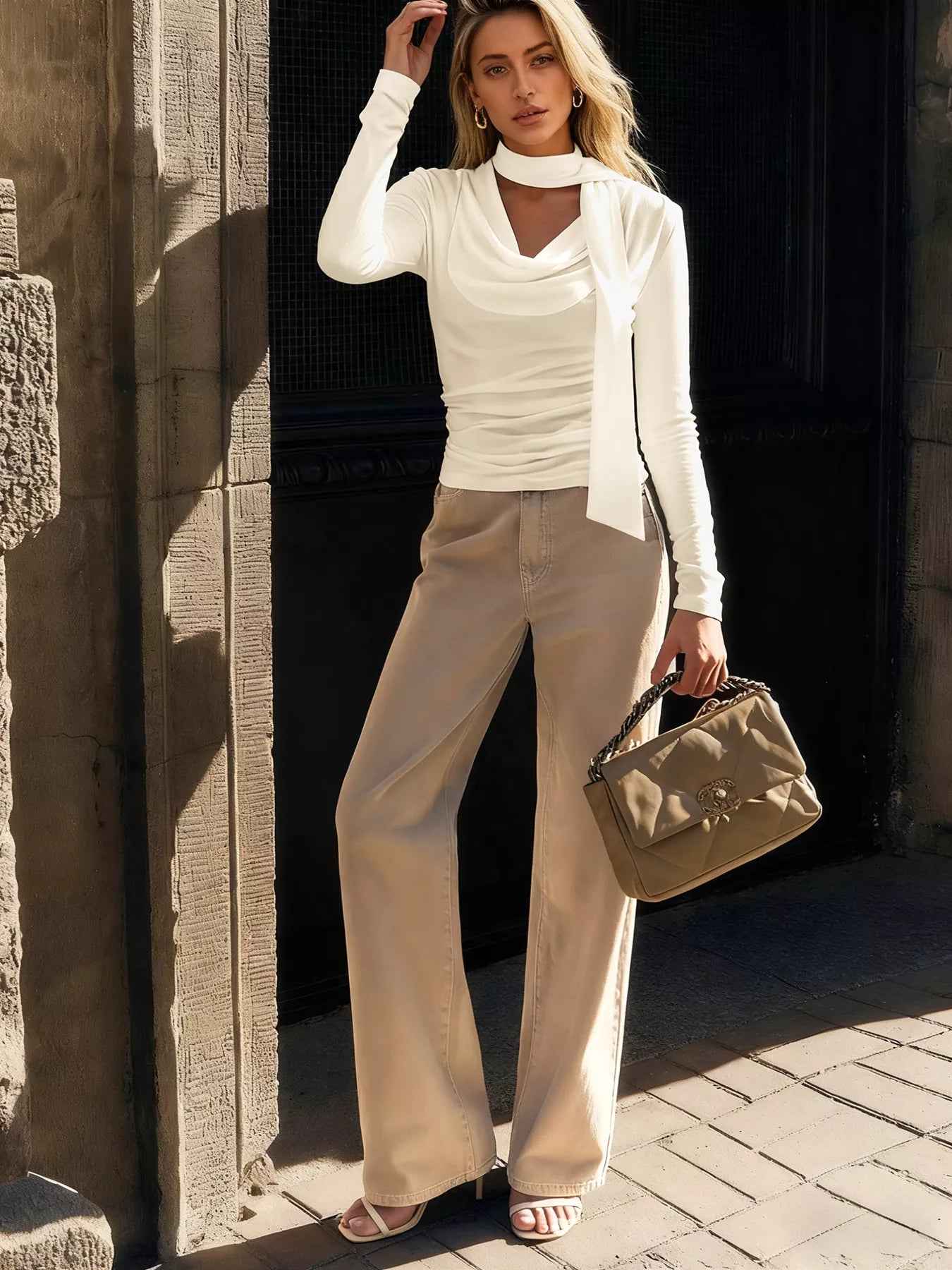 Cowl Neck Long Sleeve Top - Ruched Detail Style - Fashions Envy