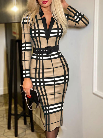 Printed Notched Long Sleeve Wrap Midi Dress