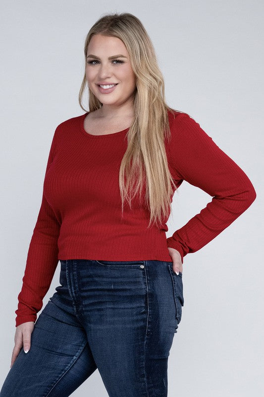 Plus Classic Ribbed Round Neck Long Sleeve Top