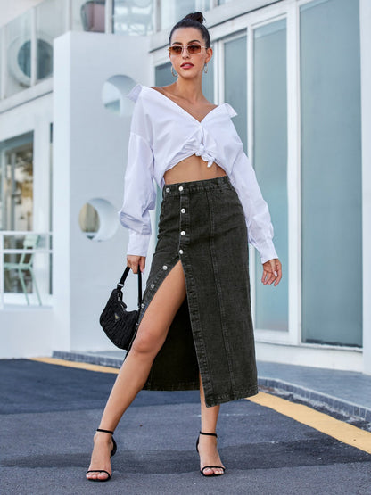 Button Down Denim Skirt - Fashions Envy