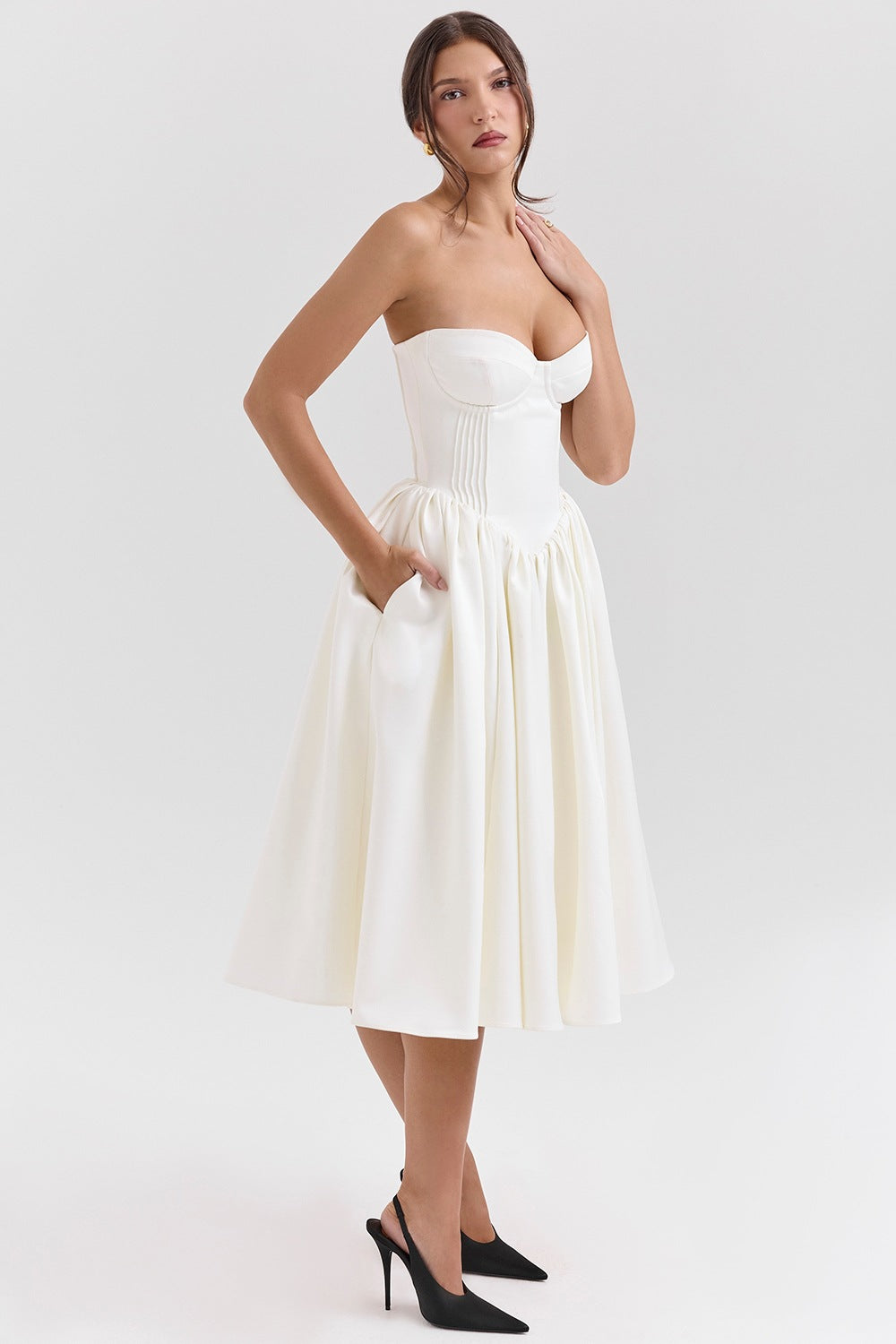 Sweetheart Midi Dress - Strapless Flared A-Line Skirt