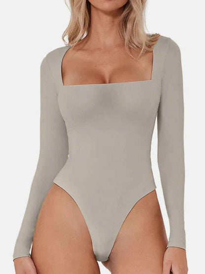 Square Neck Long Sleeve Bodysuit - Sleek Fitted Style - Fashions Envy