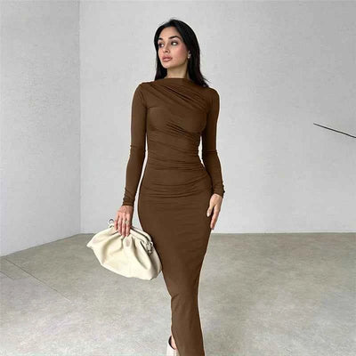 Pleated Maxi Dress - Bodycon Fitted Long Sleeve Elegant