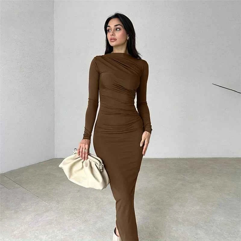 Pleated Maxi Dress - Bodycon Fitted Long Sleeve Elegant
