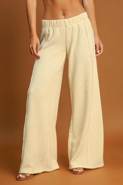 Cream Elastic Waist Wide Leg Pants