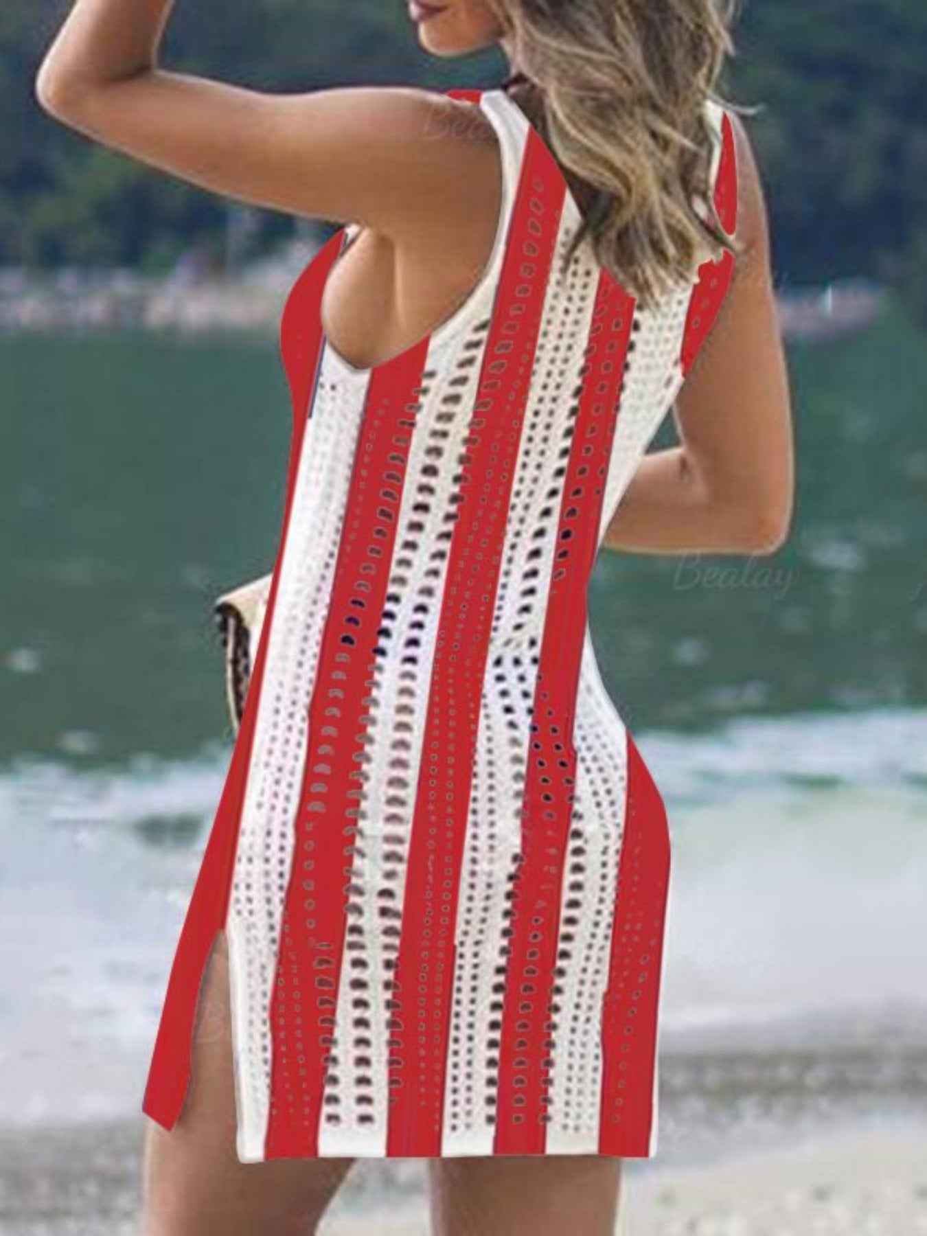 Openwork Knit Cover Up - Sleeveless Slit Beach Dress