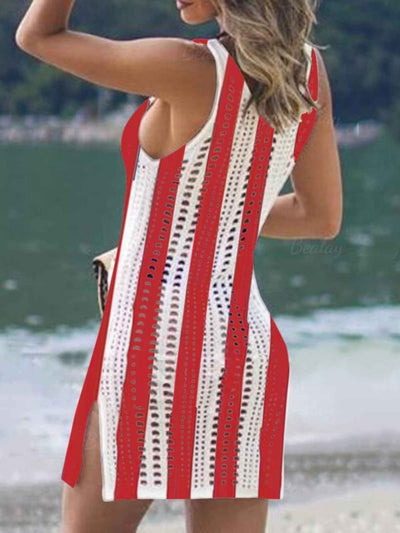 Openwork Knit Cover Up - Sleeveless Slit Beach Dress