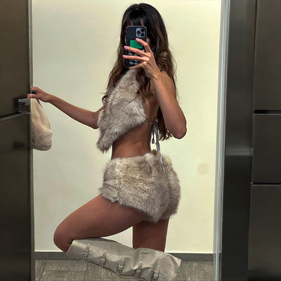 Backless Lace-Up Top and Shorts Set - Khaki Two Piece - Fashions Envy