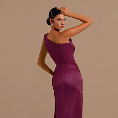 Satin Evening Dress - Formal Slit One Shoulder - Fashions Envy