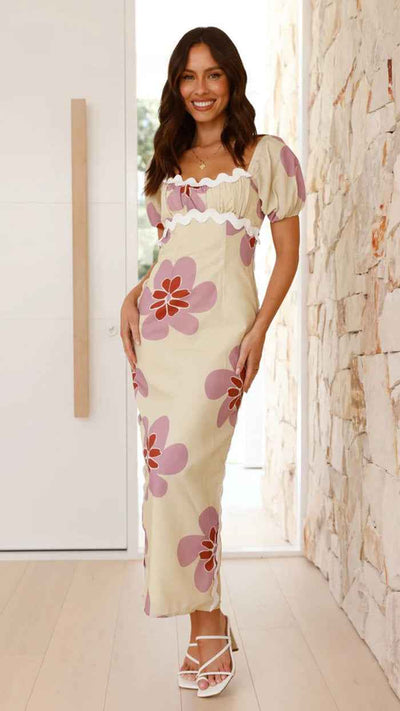 Floral Print Midi Dress - Short Sleeve Front Slit Style