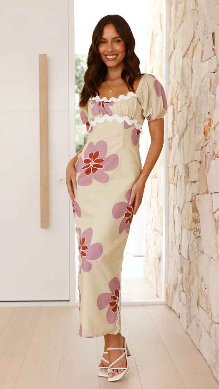 Floral Print Midi Dress - Short Sleeve Front Slit Style