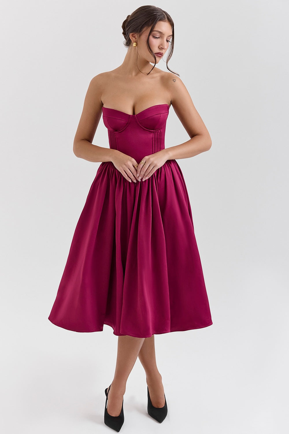 Sweetheart Midi Dress - Strapless Flared A-Line Skirt