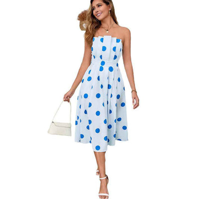 Polka Dot Midi Dress - Light Blue Strapless Tube Backless Pockets