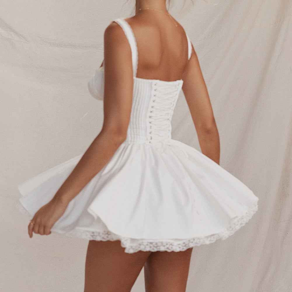White Lace Backless Dress - Spaghetti Strap Patchwork Midi