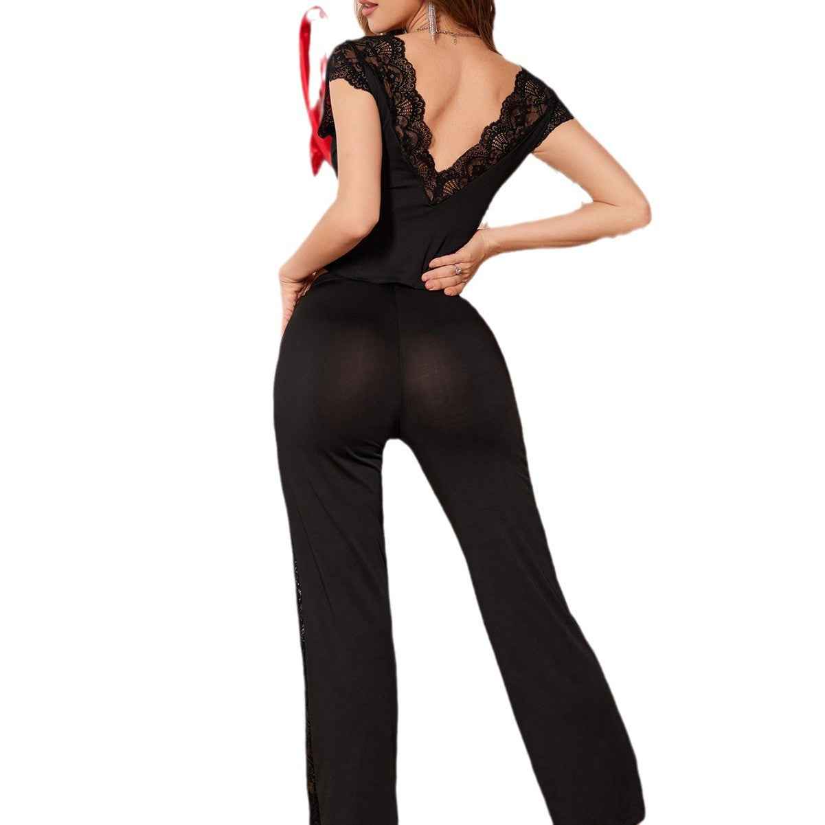 Lace Mesh Loungewear Set - Black Long Sleeve Top and Pants