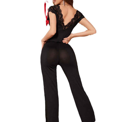 Lace Mesh Loungewear Set - Black Long Sleeve Top and Pants