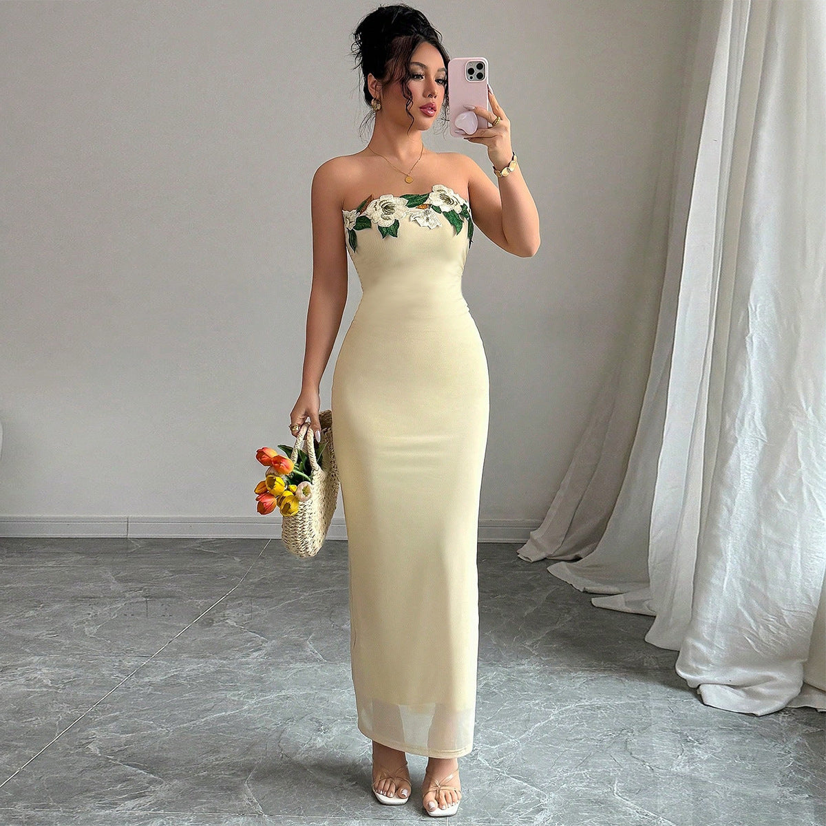 Strapless Backless Maxi Dress - 3D Floral Detail - Fashions Envy