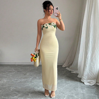 Strapless Backless Maxi Dress - 3D Floral Detail - Fashions Envy