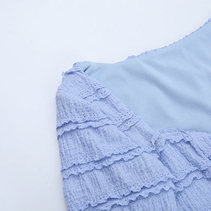 V-Neck Knit Mini Dress - Blue Textured Long Sleeve - Fashions Envy