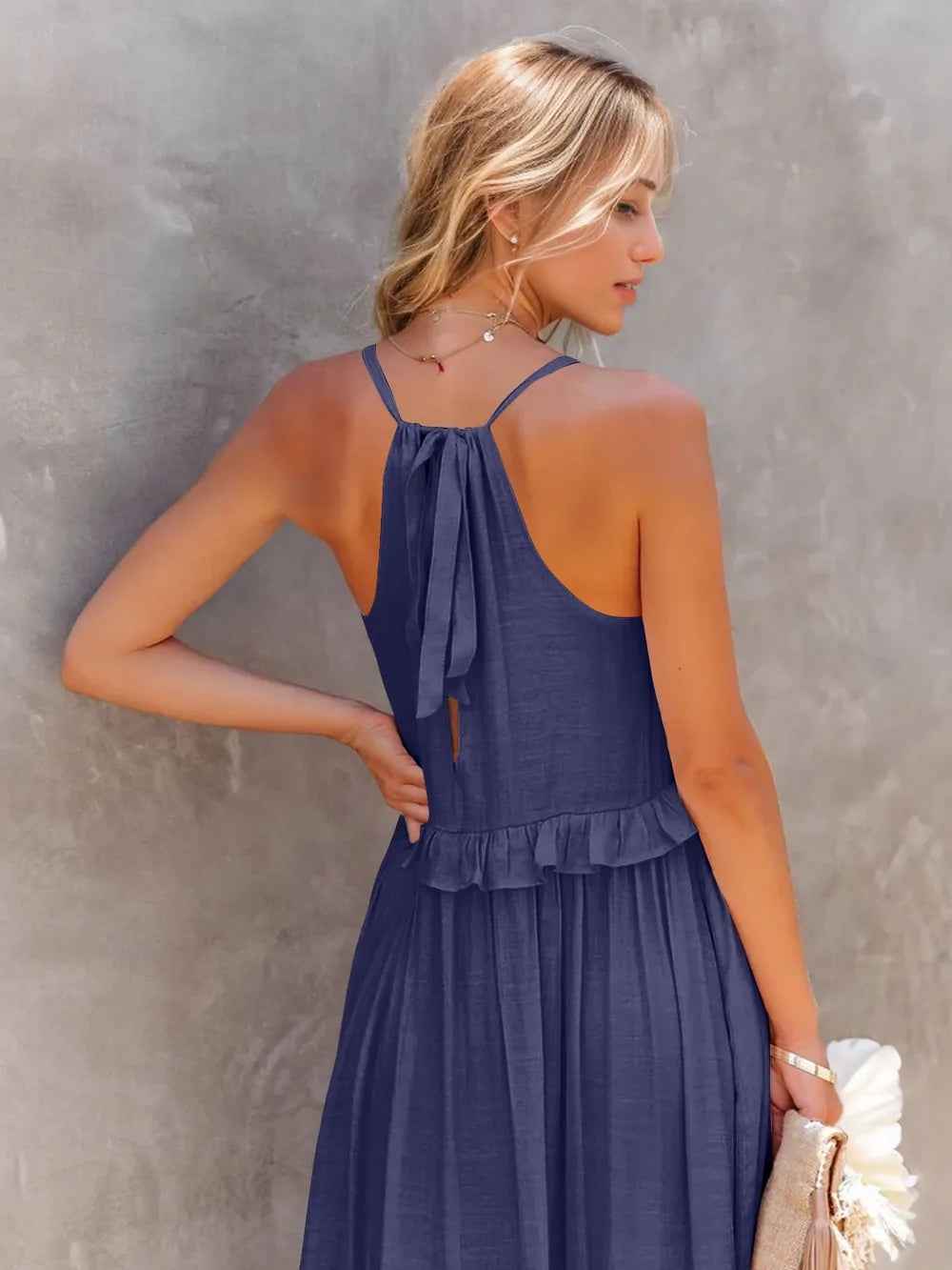 Smocked Tiered Ruffle Maxi Dress - Sleeveless with Pockets