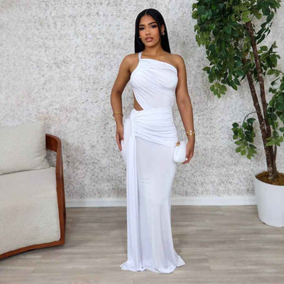 One Shoulder Cutout Maxi Dress - Pleated Bodycon Fit