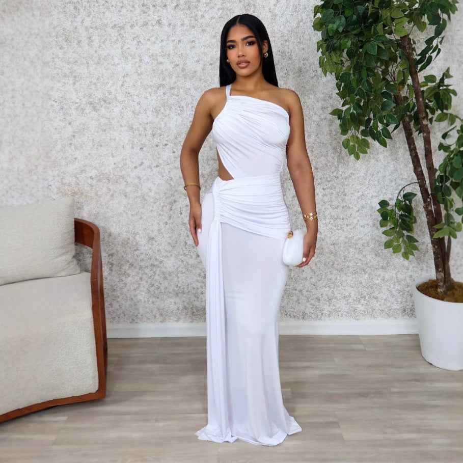 One Shoulder Cutout Maxi Dress - Pleated Bodycon Fit