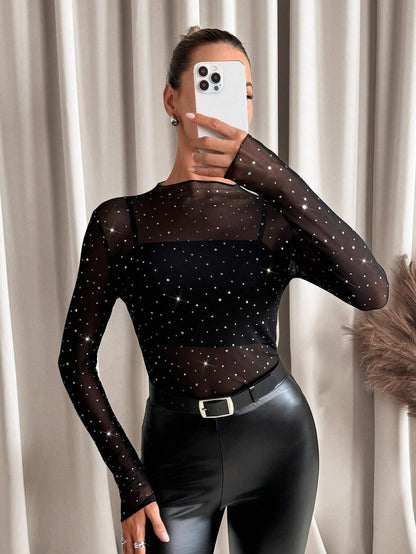 Transparent Mesh Top - Rhinestone Long Sleeve Stand Collar