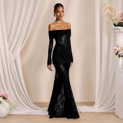 Off-Shoulder Bodycon Dress - Lace Long Sleeve Gown - Fashions Envy
