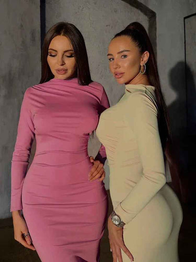 Pleated Maxi Dress - Bodycon Fitted Long Sleeve Elegant