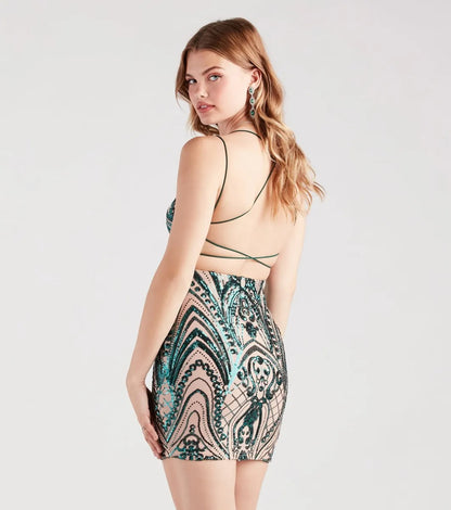 Sequin Backless Mini Dress - One-Shoulder Party Style