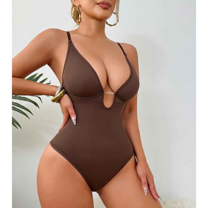 Deep V-Neck Thong Bodysuit - Tummy Control Shapewear