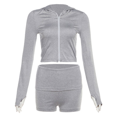 Casual short hooded sweatshirt jacket solid color slim fit shorts set - Fashions Envy