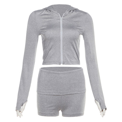 Casual short hooded sweatshirt jacket solid color slim fit shorts set - Fashions Envy