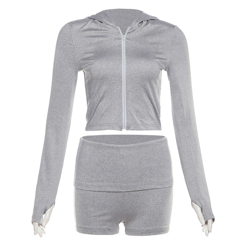 Casual short hooded sweatshirt jacket solid color slim fit shorts set - Fashions Envy