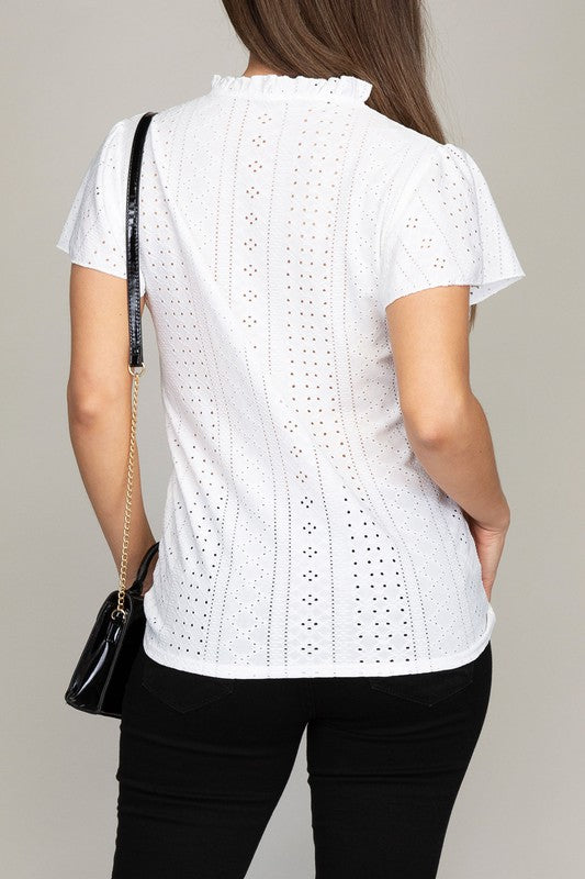 Embroidered Eyelet Blouse with Ruffle Sleeves